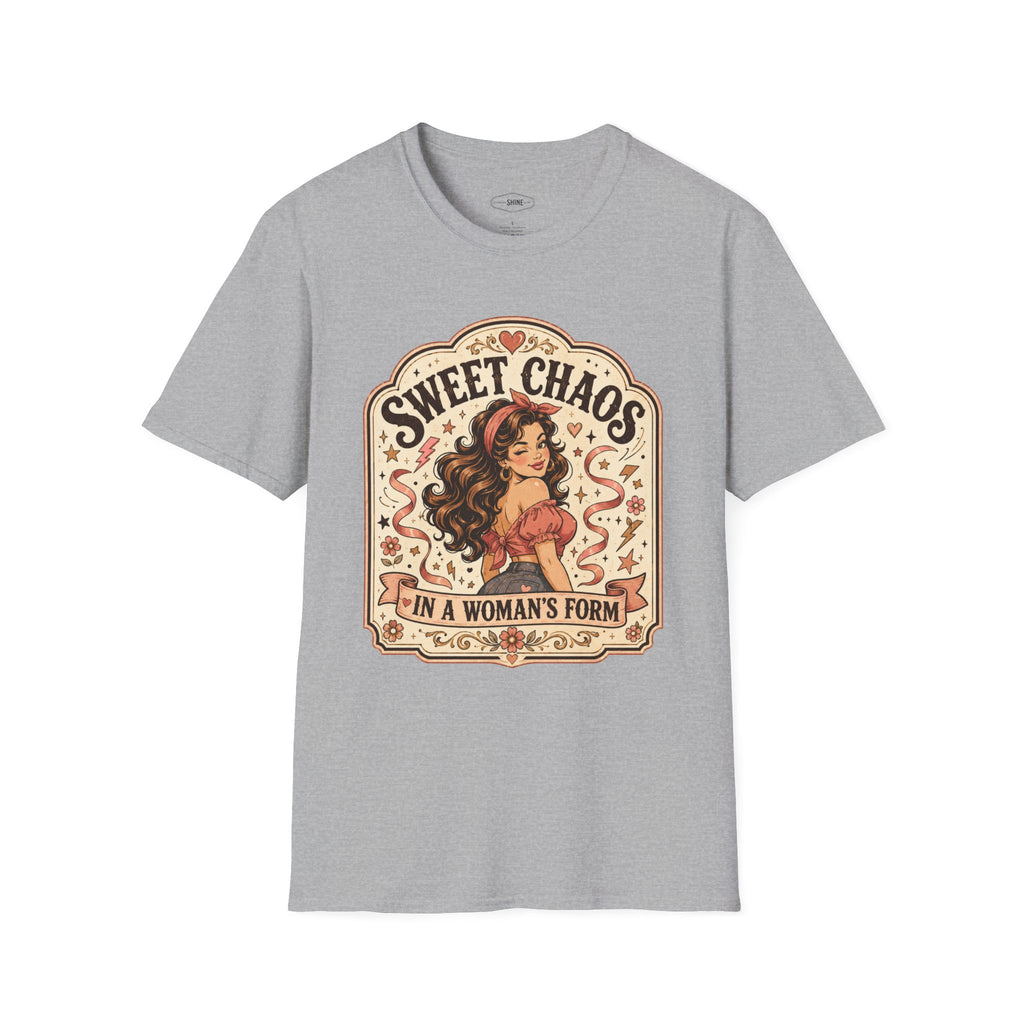 Sweet Chaos in a Woman's Form T-Shirt Vintage Design
