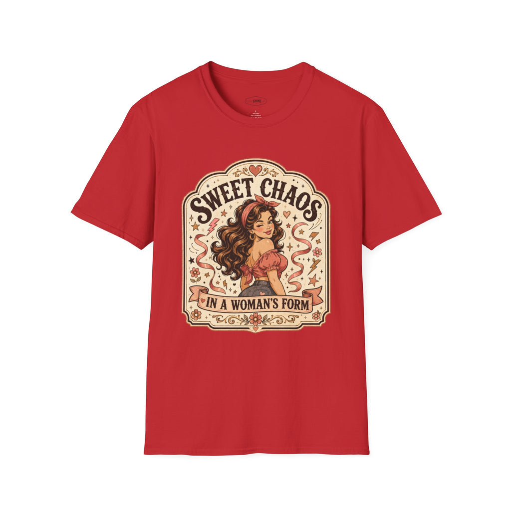 Sweet Chaos in a Woman's Form T-Shirt Vintage Design