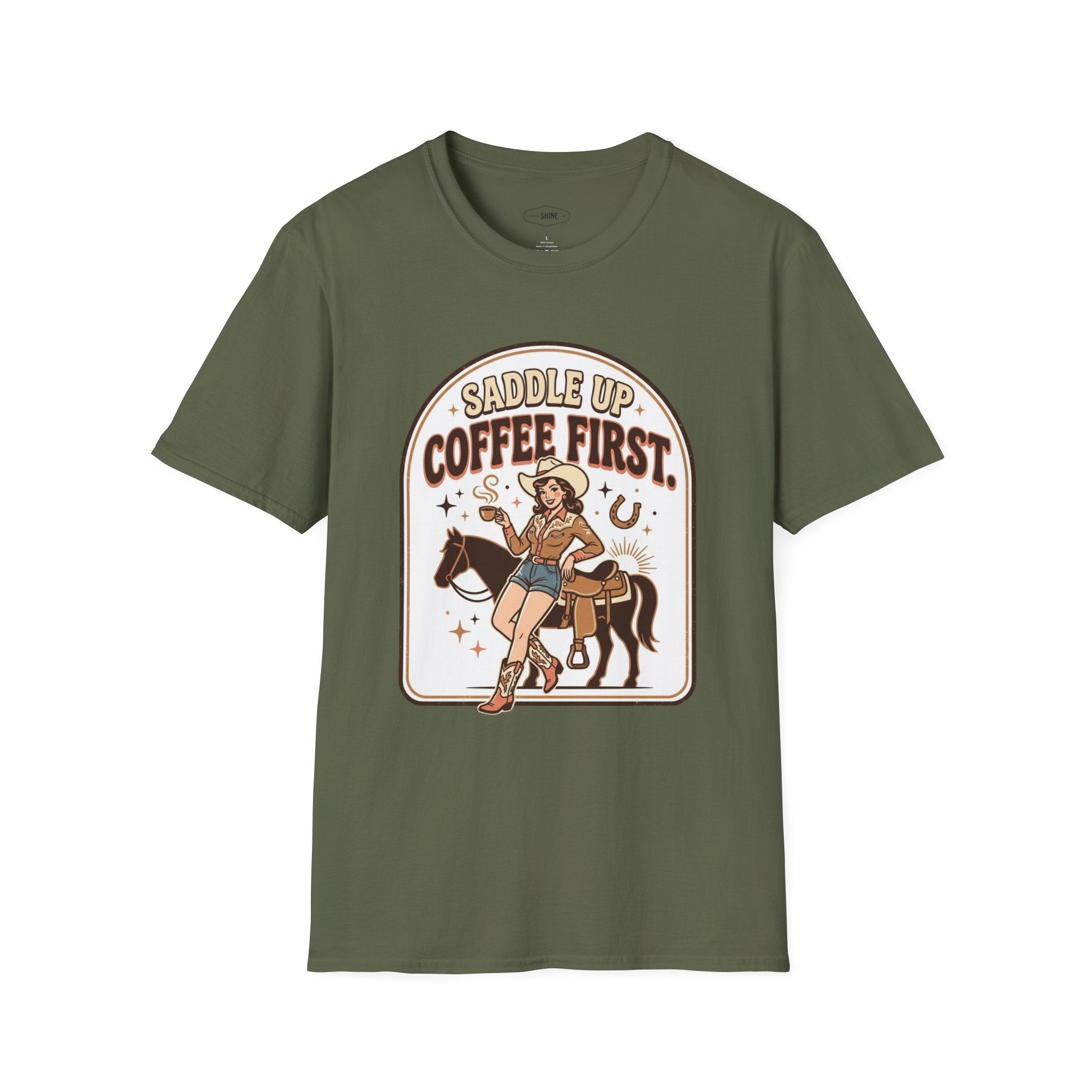 Saddle Up, Coffee First T-Shirt Vintage Design