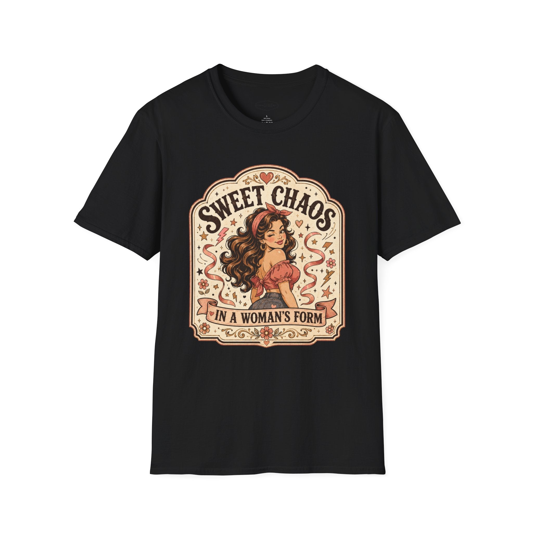 Sweet Chaos in a Woman's Form T-Shirt Vintage Design