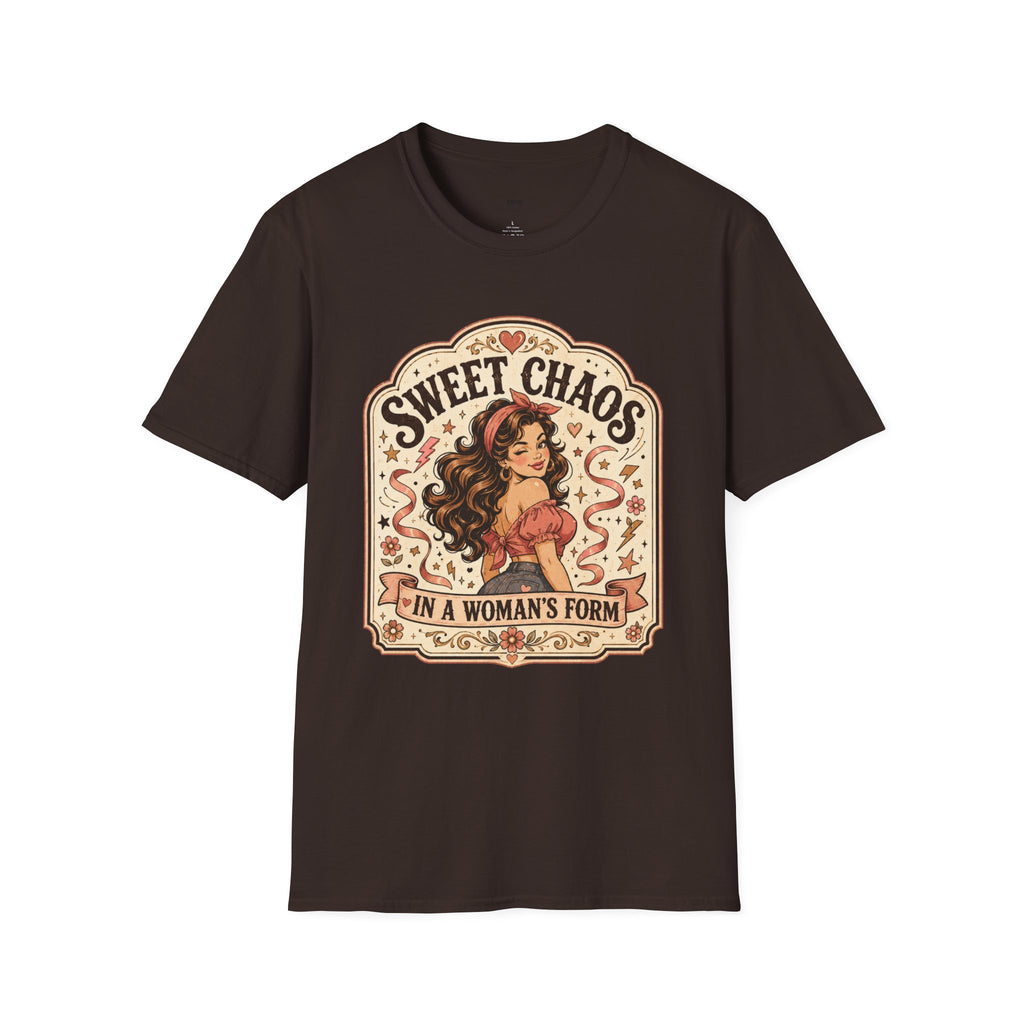 Sweet Chaos in a Woman's Form T-Shirt Vintage Design