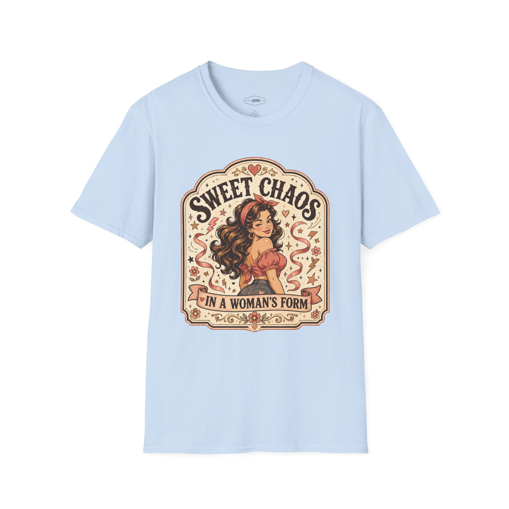 Sweet Chaos in a Woman's Form T-Shirt Vintage Design
