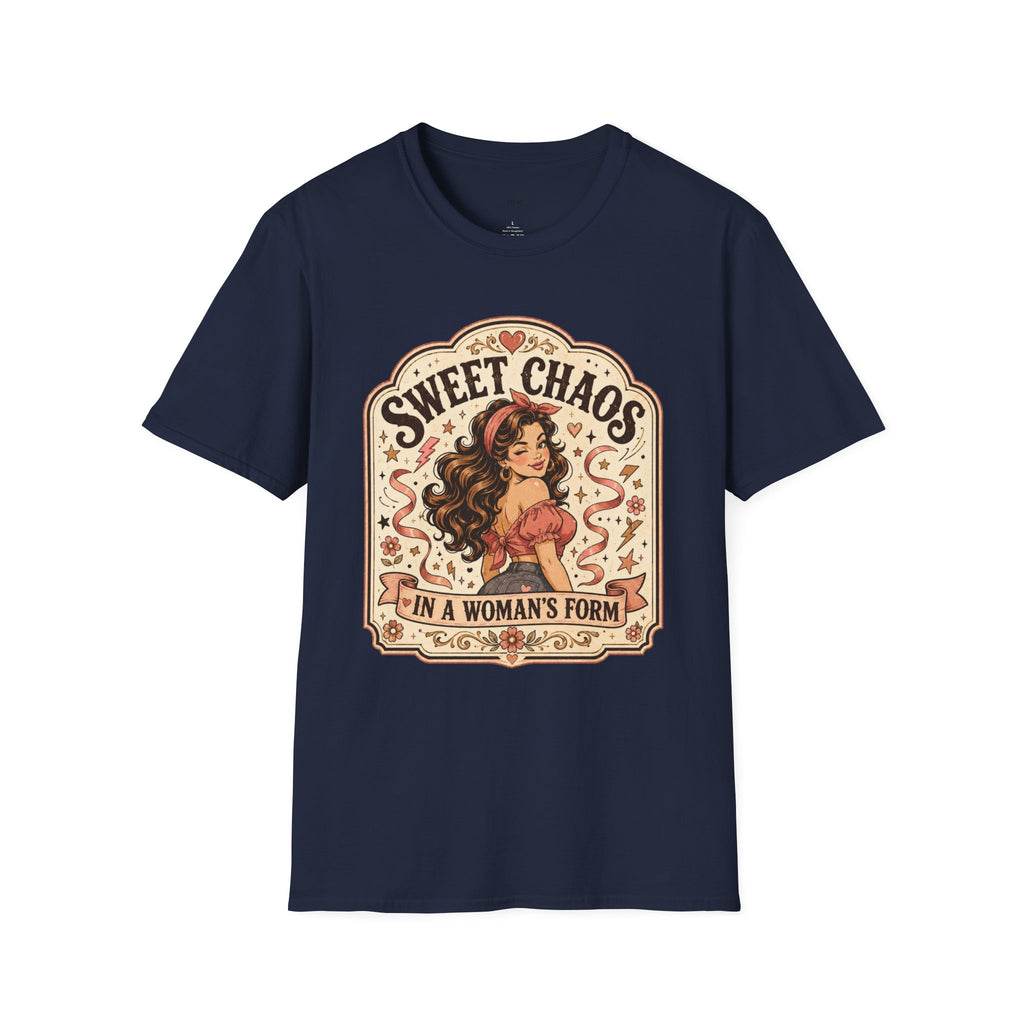 Sweet Chaos in a Woman's Form T-Shirt Vintage Design