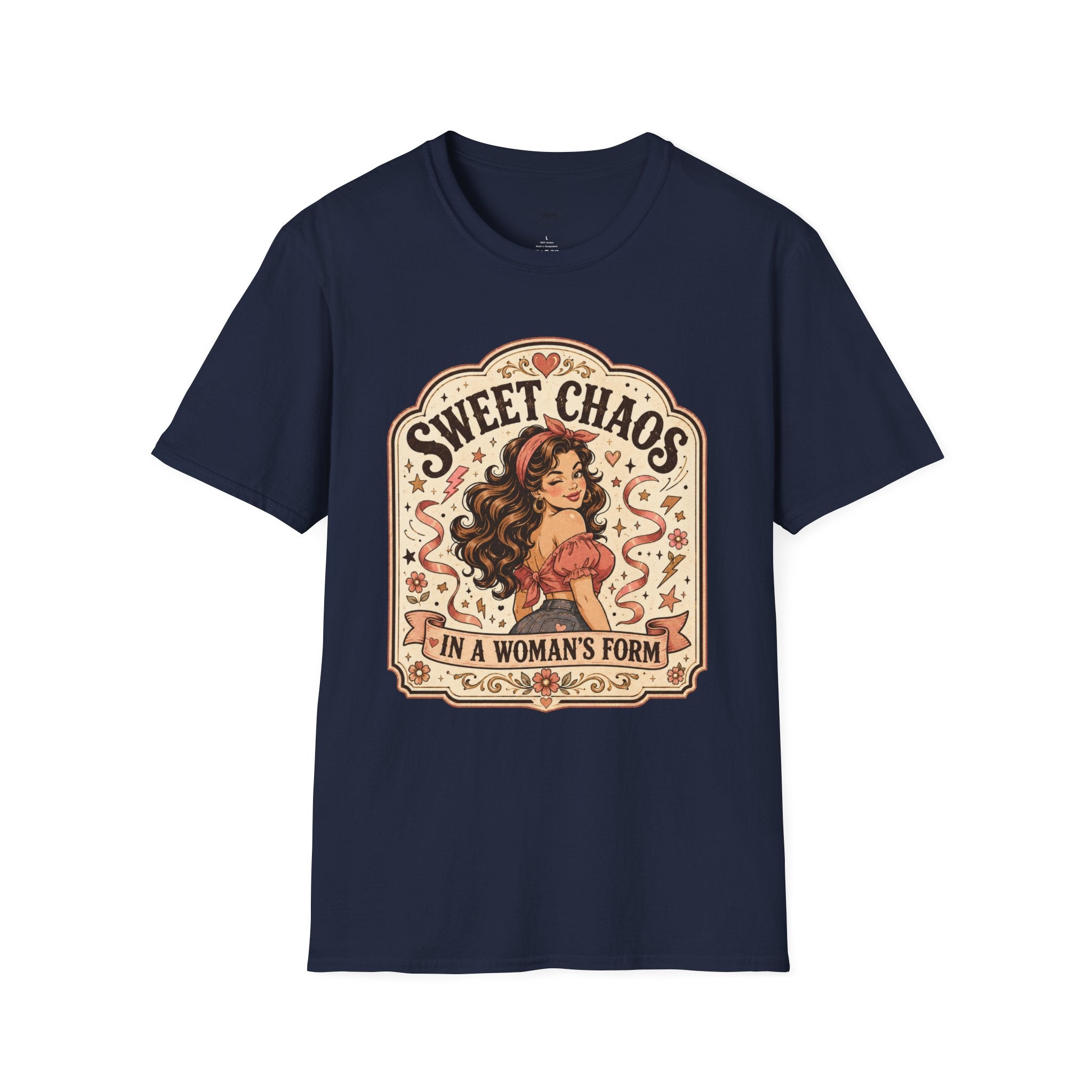 Sweet Chaos in a Woman's Form T-Shirt Vintage Design