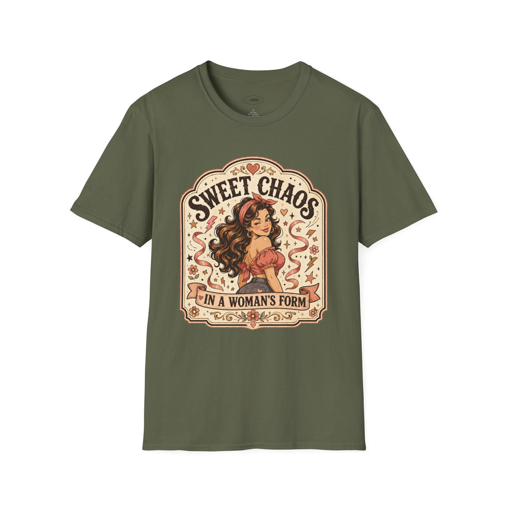 Sweet Chaos in a Woman's Form T-Shirt Vintage Design