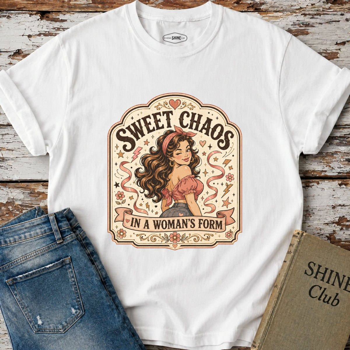 Sweet Chaos in a Woman's Form T-Shirt Vintage Design